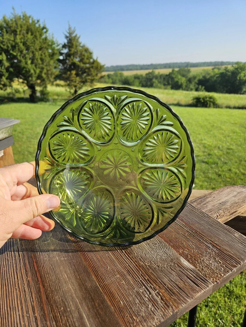 Green glass bowl with starburst pattern  #starburst